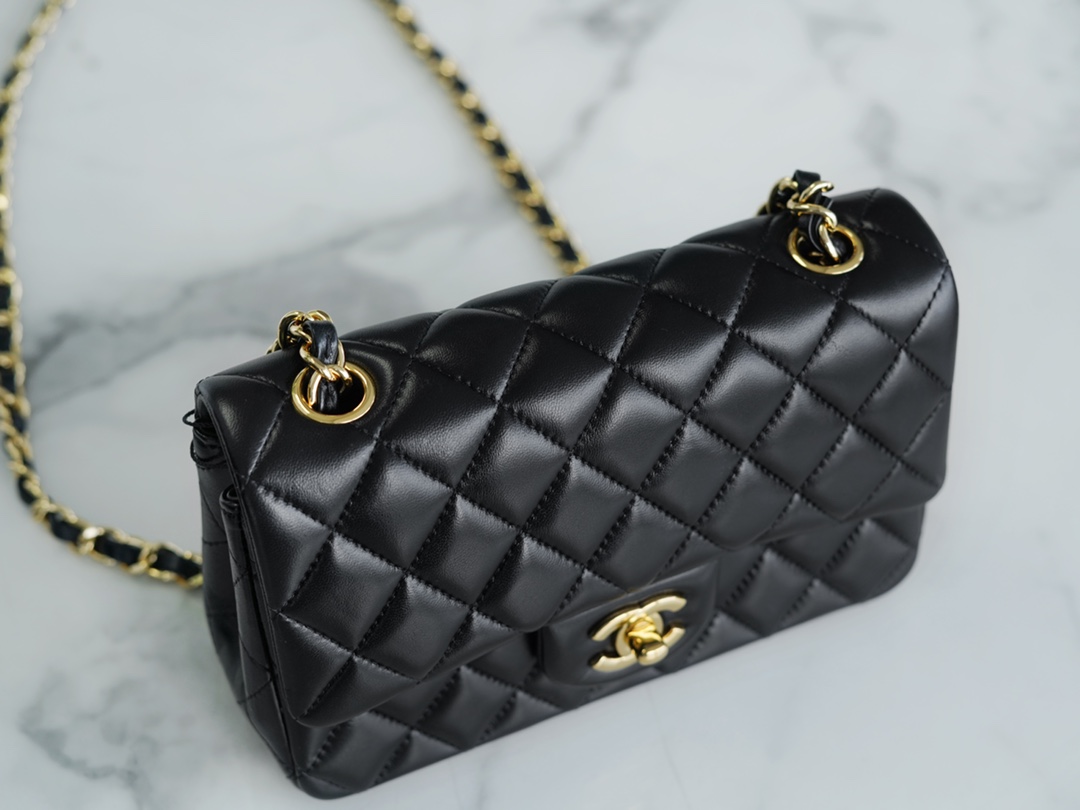 Classic Flap Bag, Black and Gold, Mini, Lambskin  