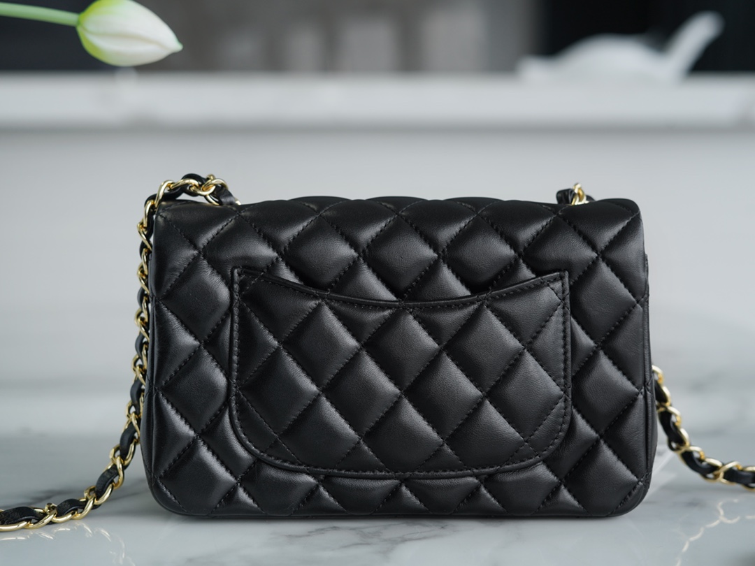 Classic Flap Bag, Black and Gold, Mini, Lambskin  