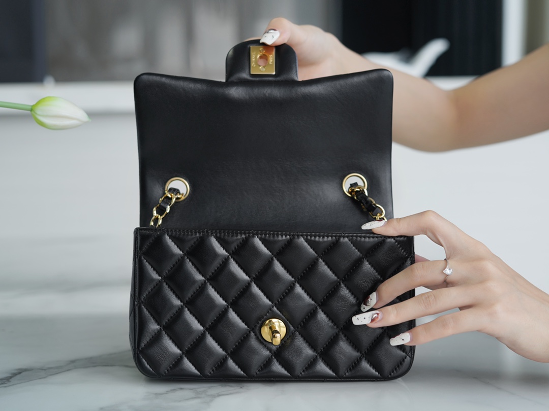 Classic Flap Bag, Black and Gold, Mini, Lambskin  