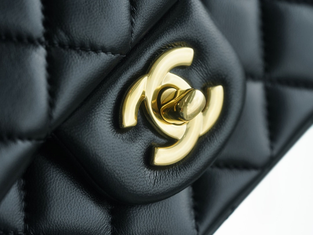 Classic Flap Bag, Black and Gold, Mini, Lambskin  