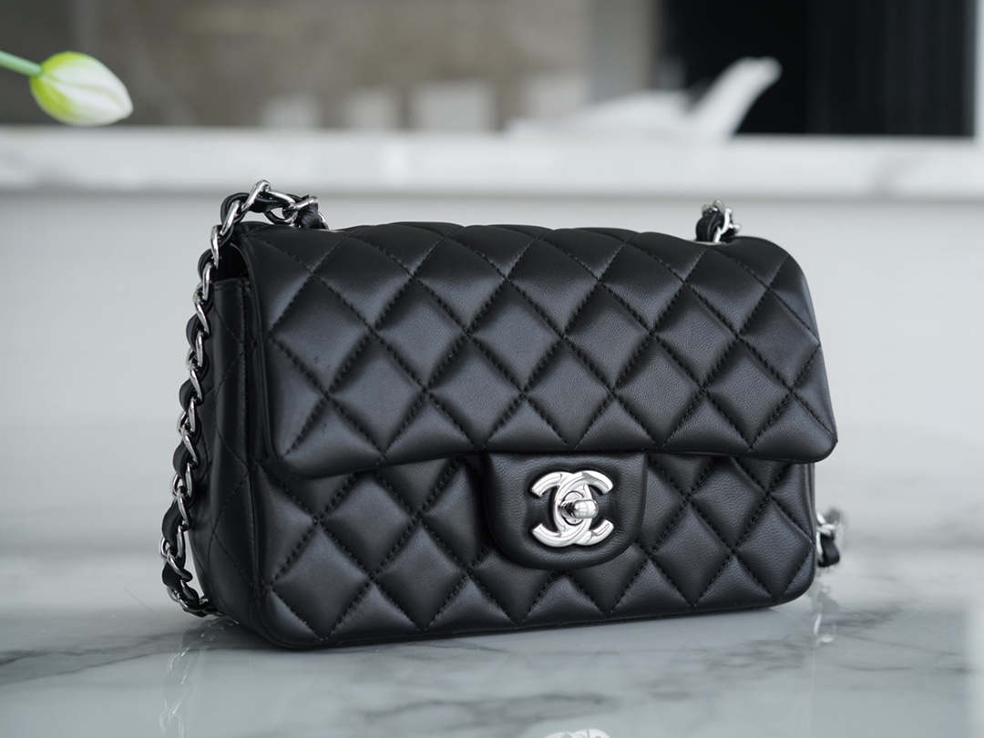 Classic Flap Bag, Black and Silver, Mini, Lambskin  