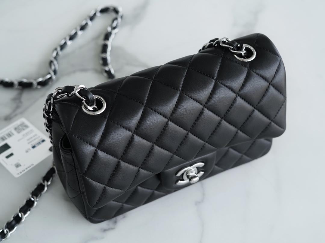 Classic Flap Bag, Black and Silver, Mini, Lambskin  