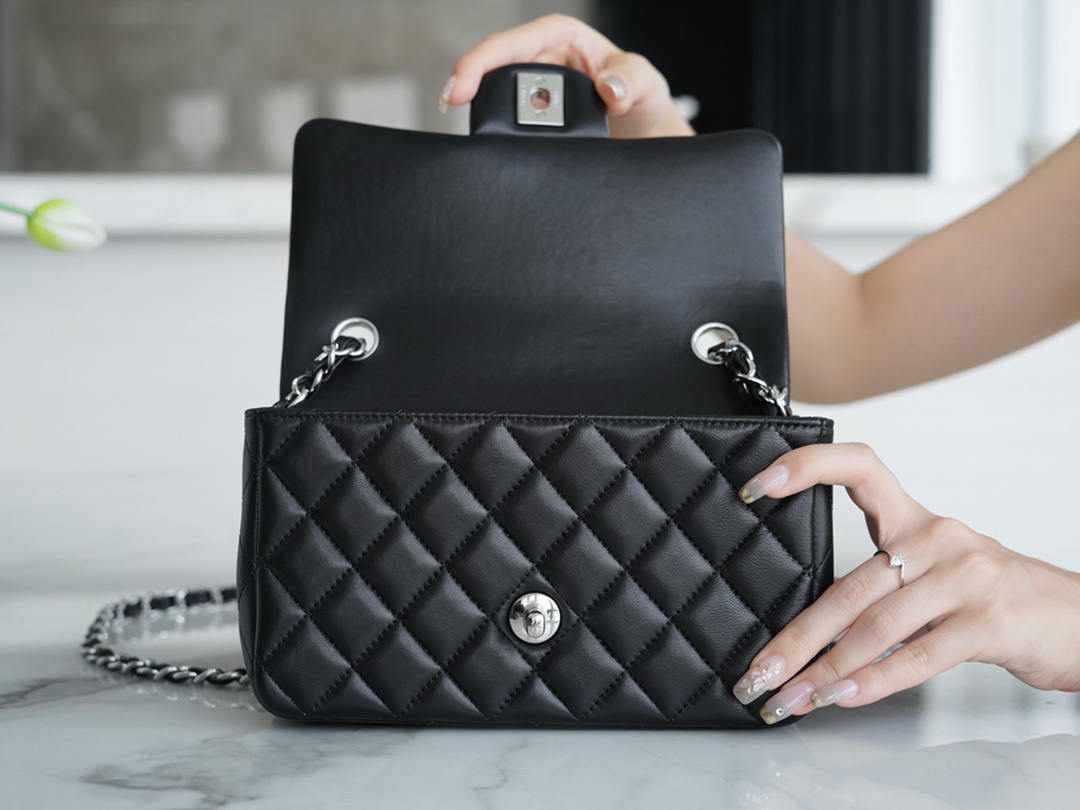 Classic Flap Bag, Black and Silver, Mini, Lambskin  