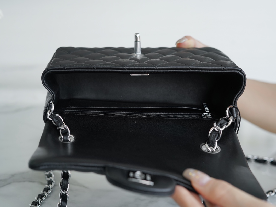 Classic Flap Bag, Black and Silver, Mini, Lambskin  