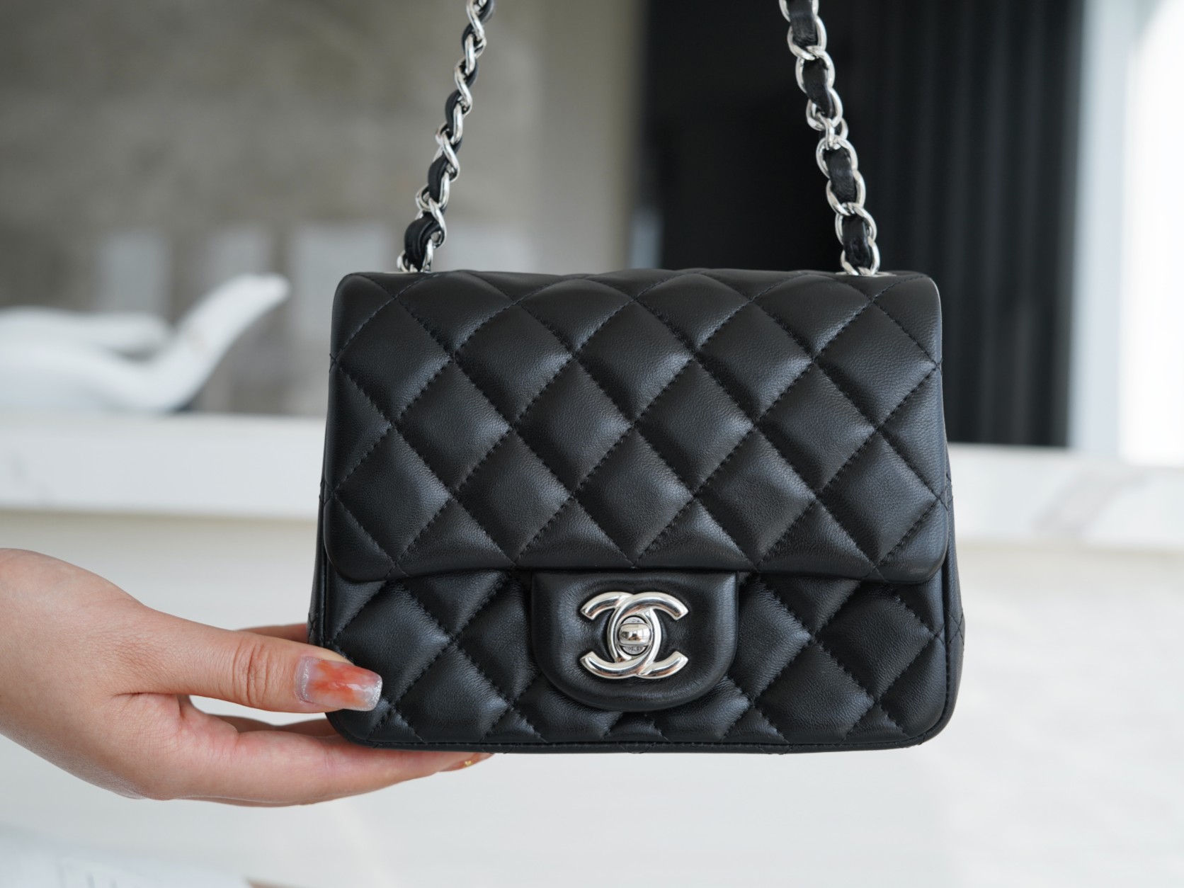 Classic Flap Bag, Black and Silver, Lambskin  