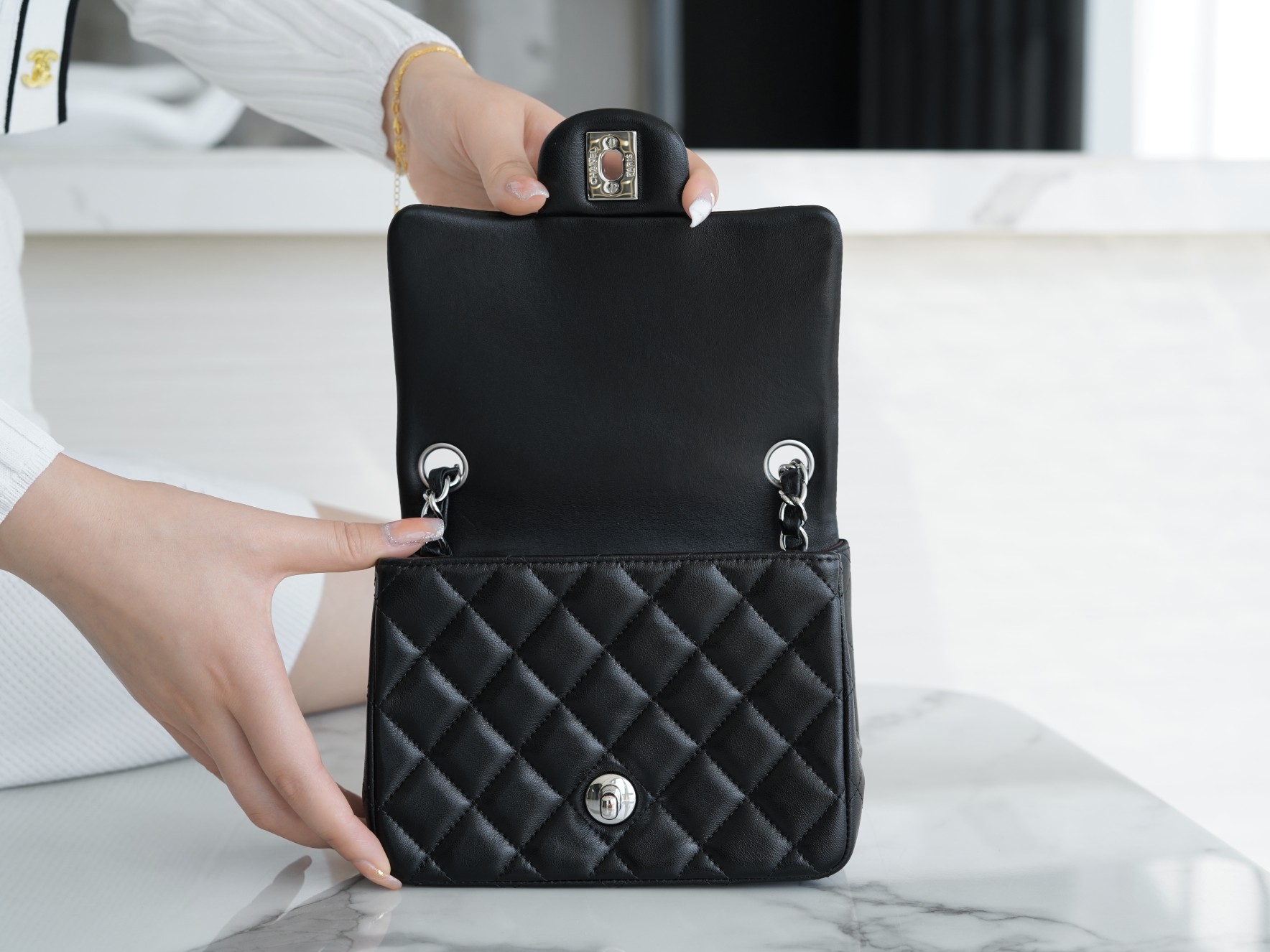 Classic Flap Bag, Black and Silver, Lambskin  