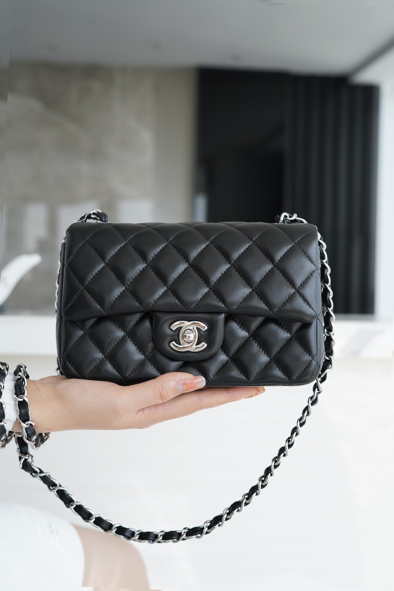 Classic Flap Bag, Black and Silver, Lambskin  