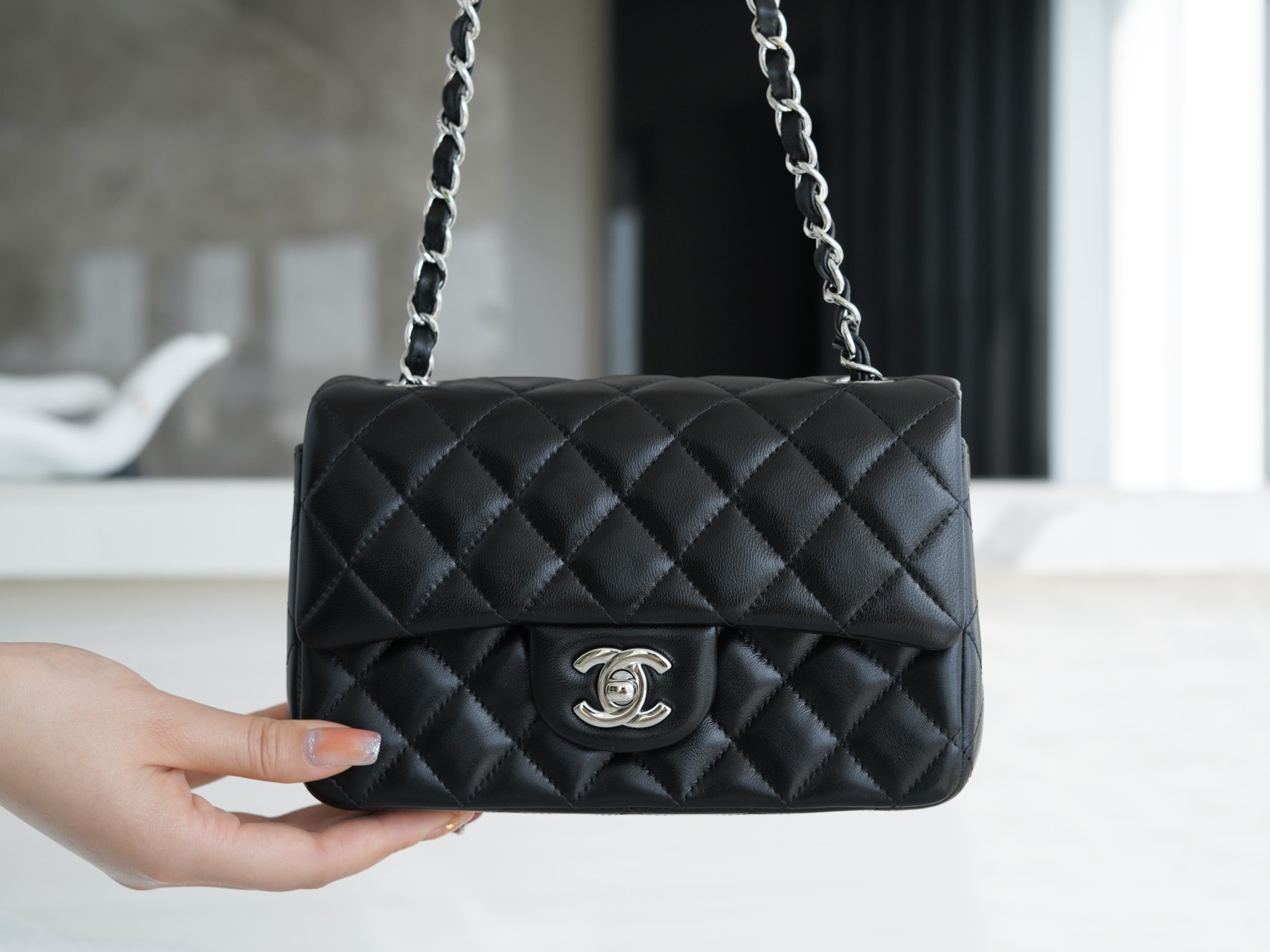 Classic Flap Bag, Black and Silver, Lambskin  