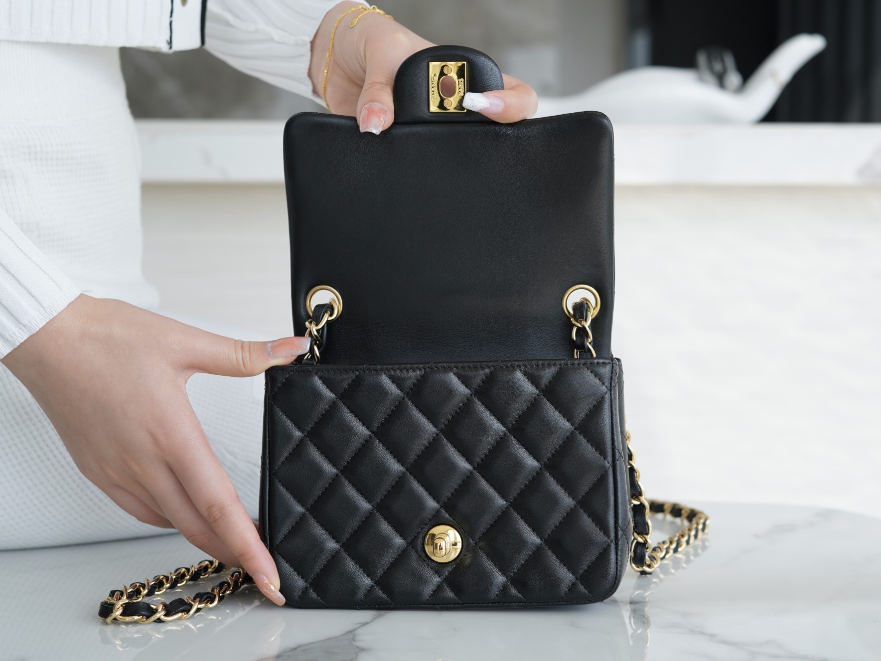 Classic Flap Bag, Black and Gold, Lambskin  