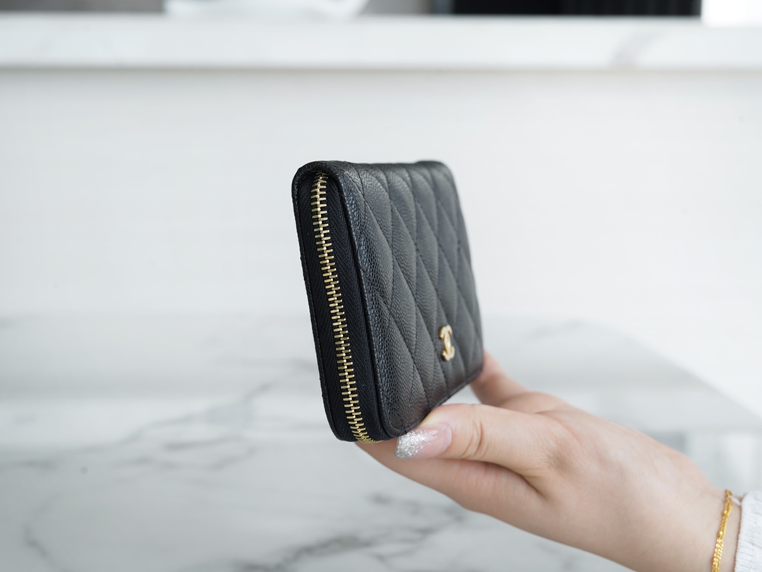 Classic Flap Zipper Long Wallet, Black and Gold, Calfskin  