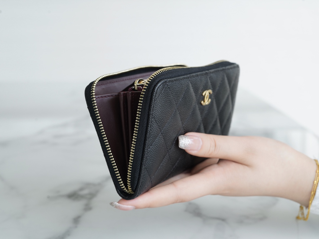 Classic Flap Zipper Long Wallet, Black and Gold, Calfskin  