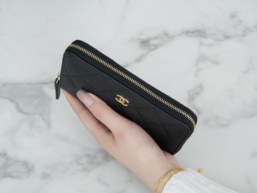 Classic Flap Zipper Long Wallet, Black and Gold, Calfskin  