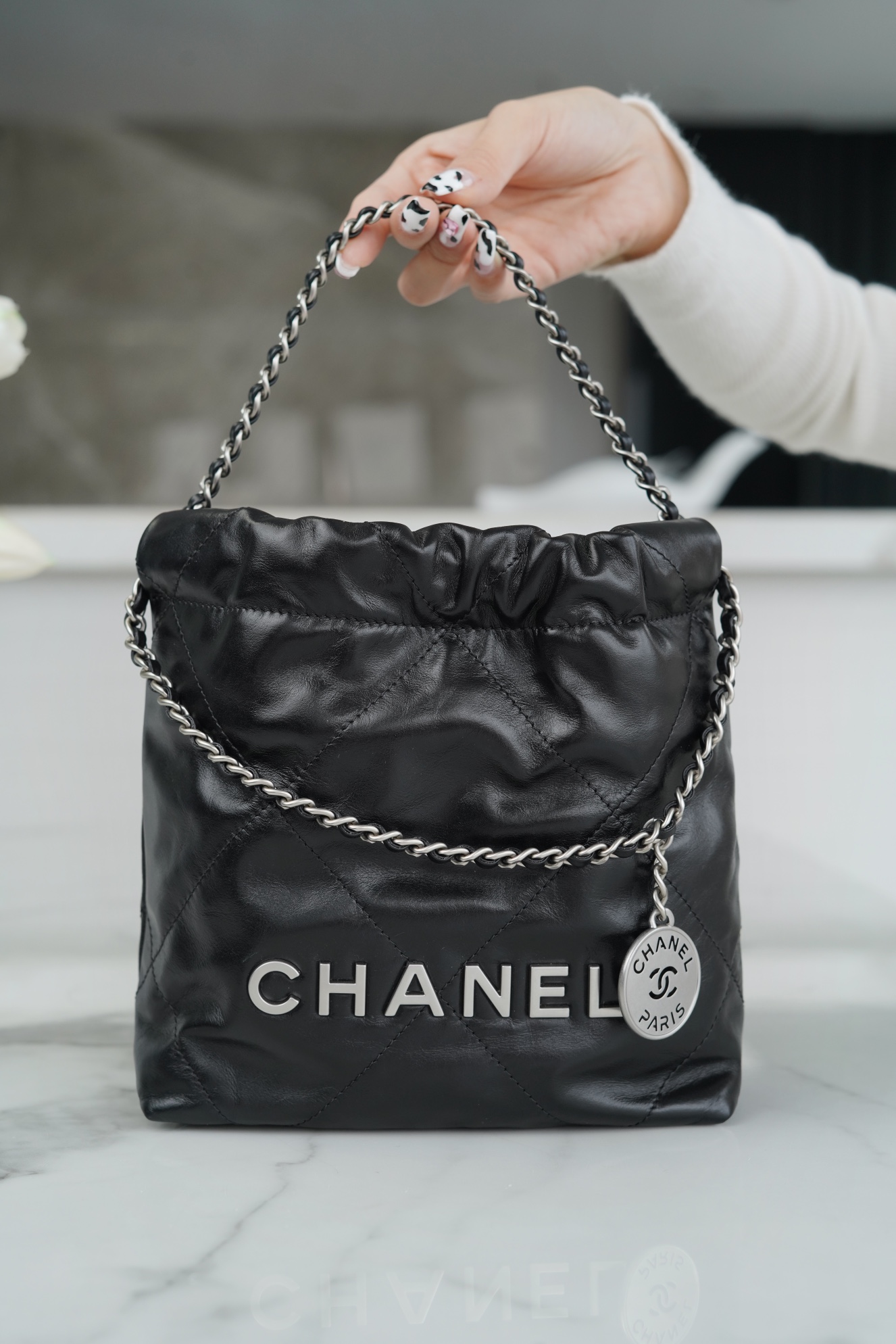 CHANEL✦ 23S Spring/Summer New 22Mini Bag, Black Silver, Calfskin  