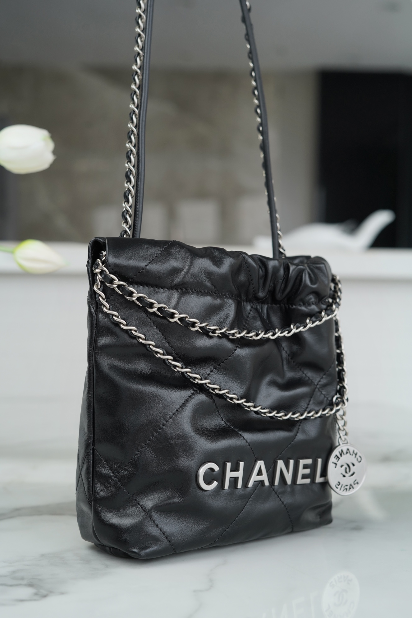 CHANEL✦ 23S Spring/Summer New 22Mini Bag, Black Silver, Calfskin  