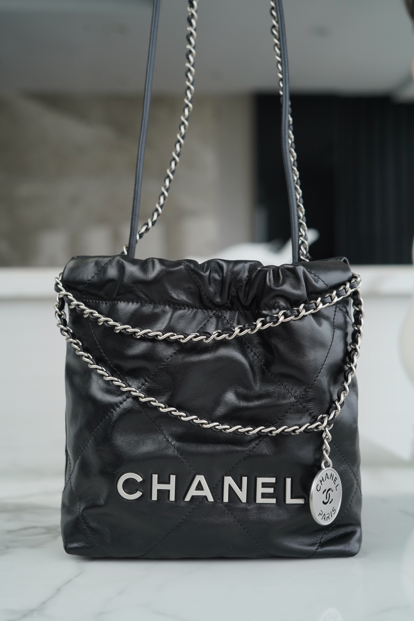 CHANEL✦ 23S Spring/Summer New 22Mini Bag, Black Silver, Calfskin  