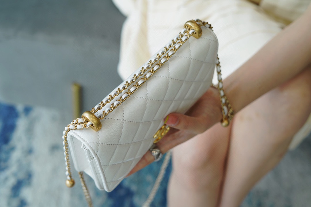 2021 Fang Double Gold Beads WOC, White, Smooth Calfskin  