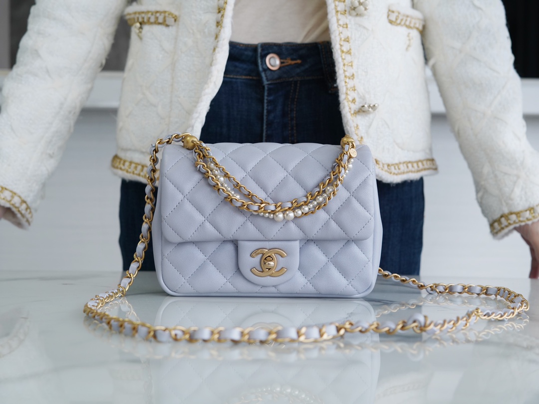 Chanel 24P Pearl Chain Square Boy Bag, Light Gray-Blue  