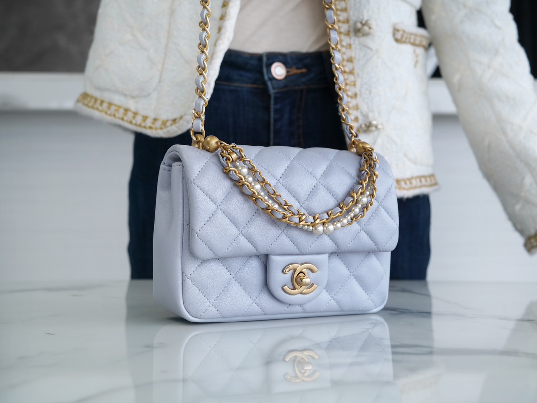 Chanel 24P Pearl Chain Square Boy Bag, Light Gray-Blue  