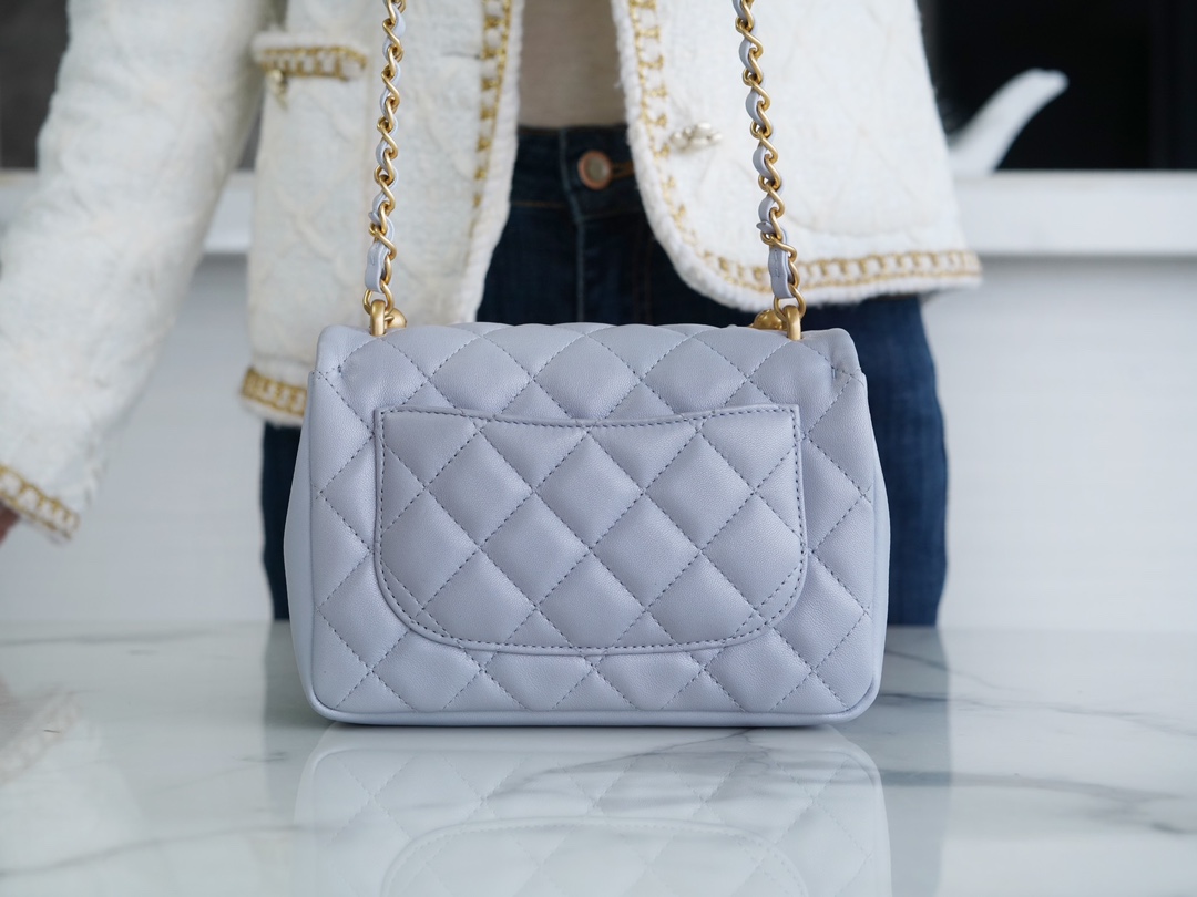 Chanel 24P Pearl Chain Square Boy Bag, Light Gray-Blue  