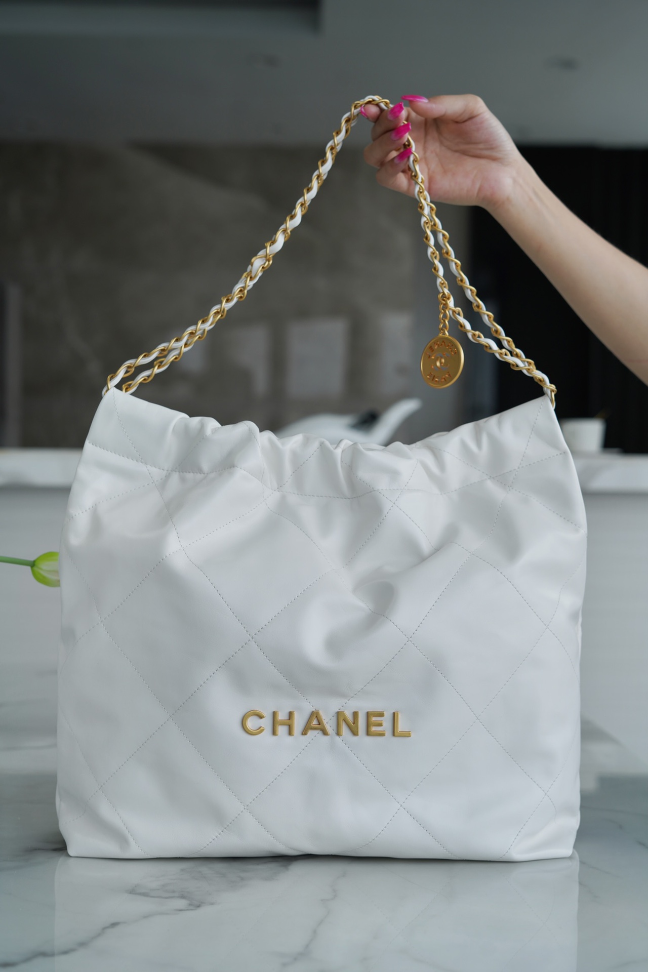 Chanel 22P Bag, Medium Size, White with Gold Hardware  