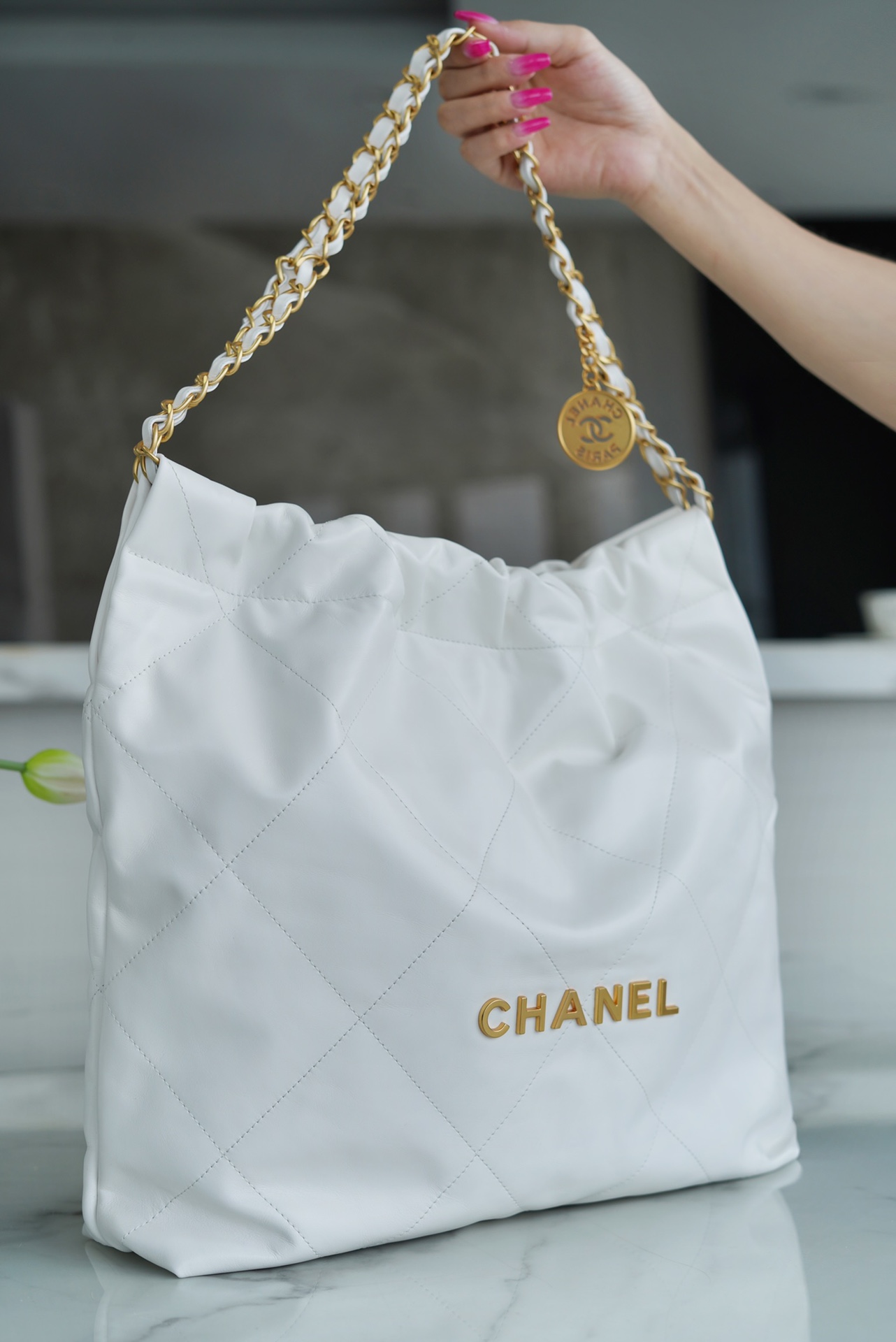 Chanel 22P Bag, Medium Size, White with Gold Hardware  