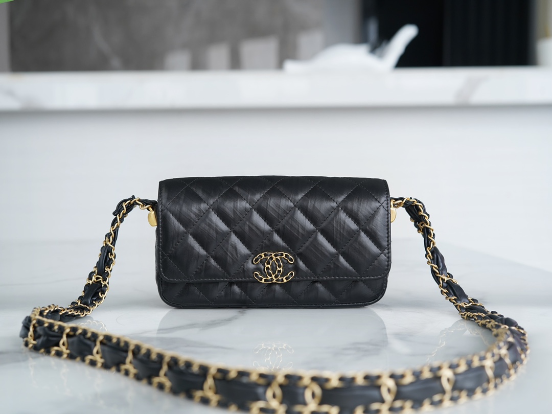 Chanel 23K Fall/Winter 19 Large Shoulder Strap Baguette Bag, Black with Gold Wrinkled Leather  