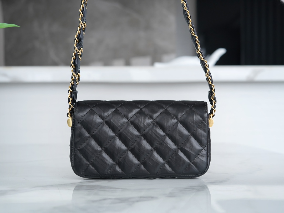 Chanel 23K Fall/Winter 19 Large Shoulder Strap Baguette Bag, Black with Gold Wrinkled Leather  