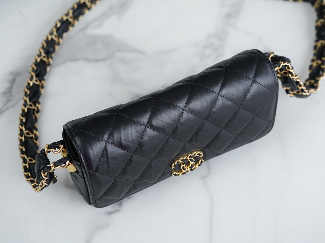 Chanel 23K Fall/Winter 19 Large Shoulder Strap Baguette Bag, Black with Gold Wrinkled Leather  