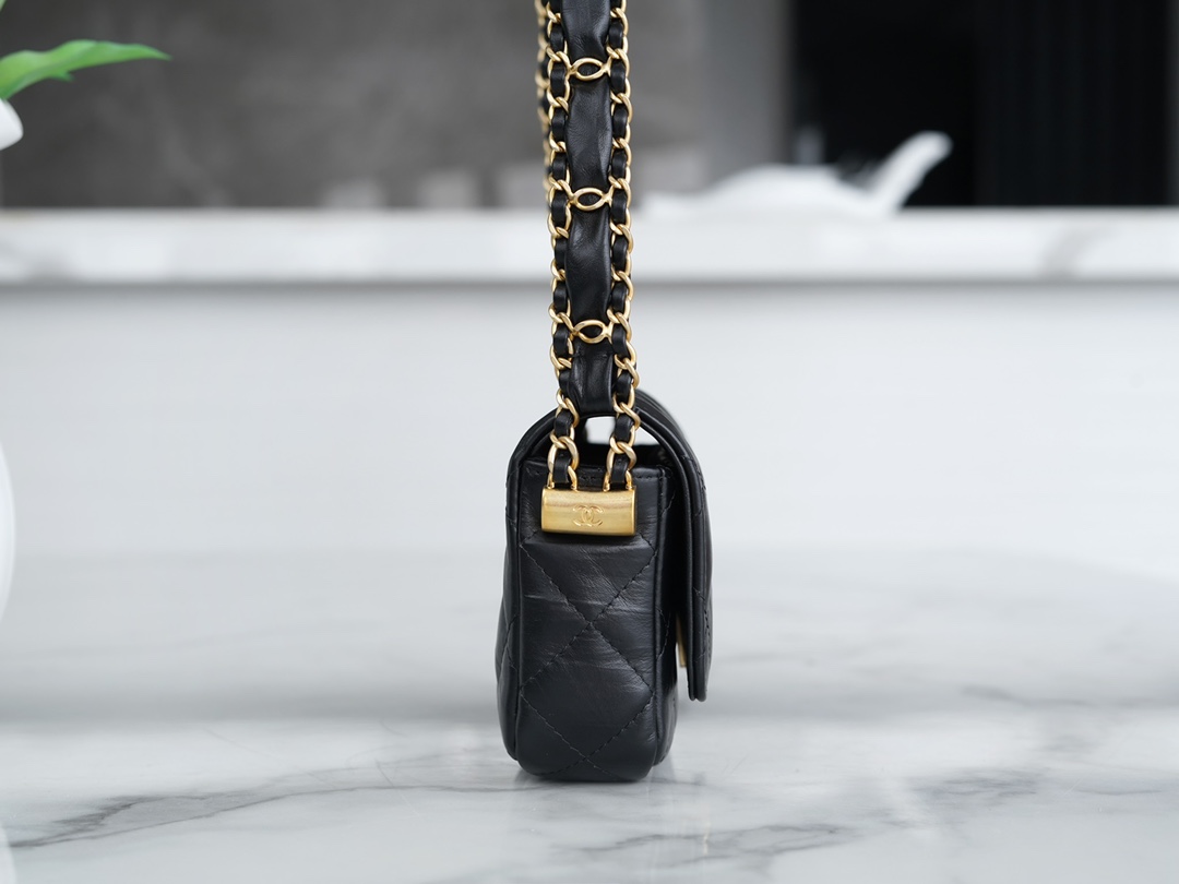 Chanel 23K Fall/Winter 19 Large Shoulder Strap Baguette Bag, Black with Gold Wrinkled Leather  