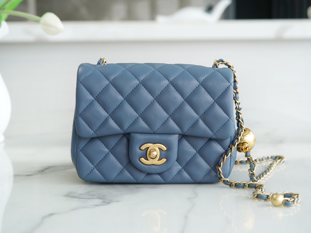 Chanel 23K Metal Ball Square Boy Bag, Haze Blue, Lambskin  