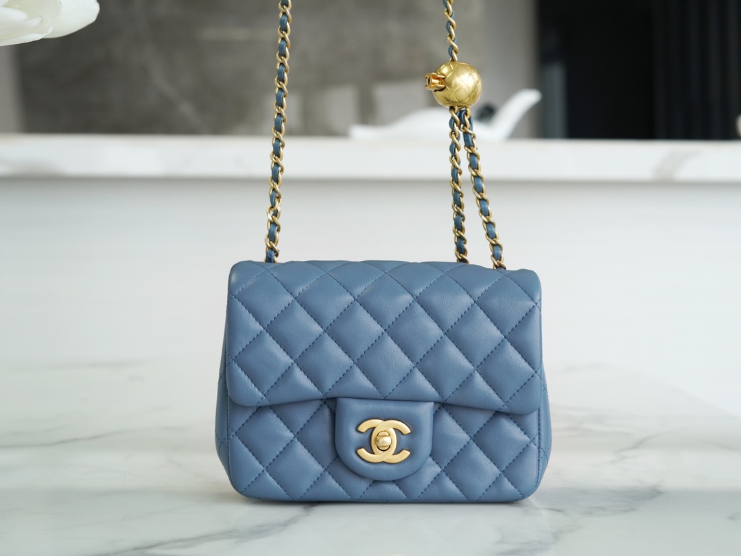 Chanel 23K Metal Ball Square Boy Bag, Haze Blue, Lambskin  