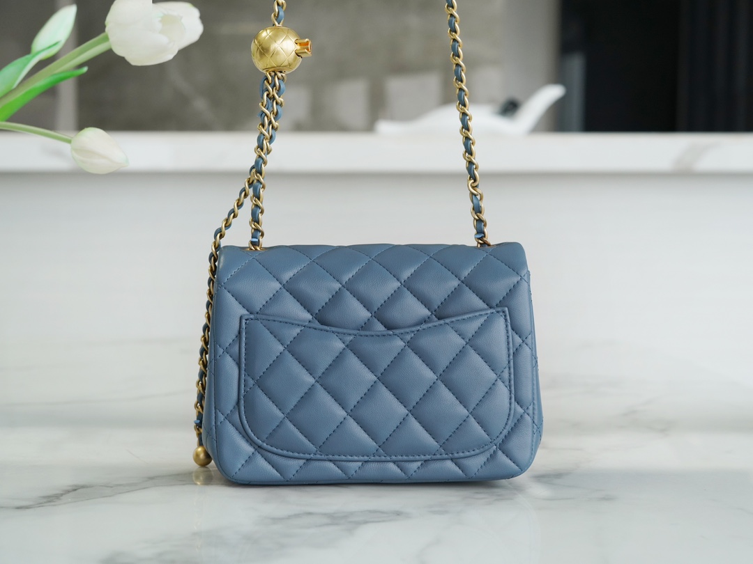 Chanel 23K Metal Ball Square Boy Bag, Haze Blue, Lambskin  