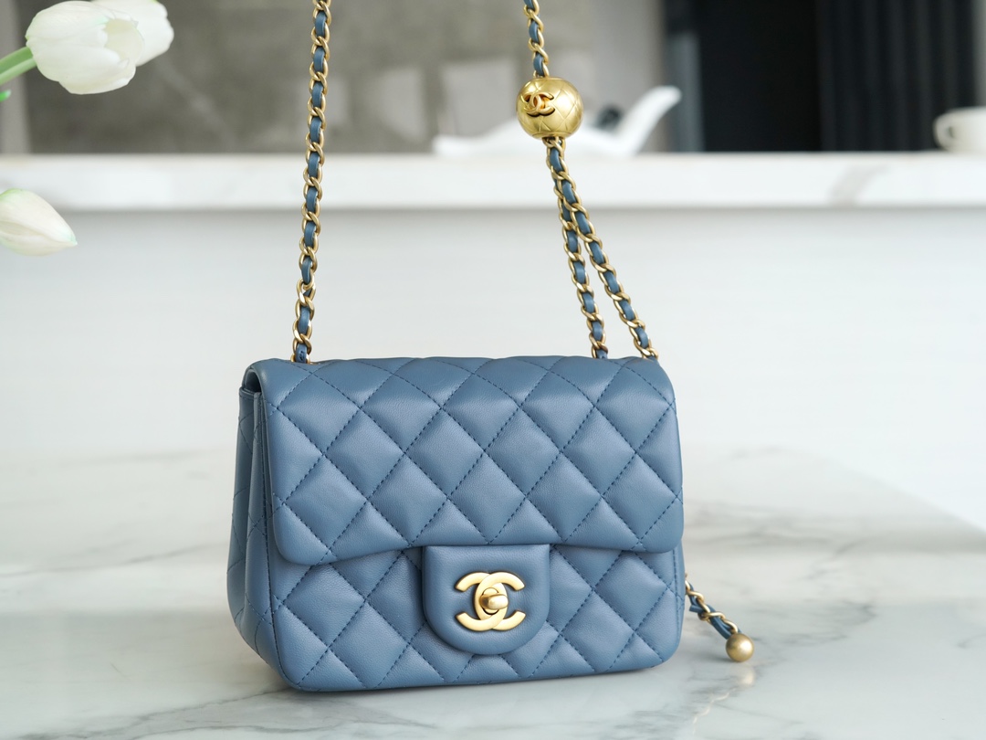 Chanel 23K Metal Ball Square Boy Bag, Haze Blue, Lambskin  