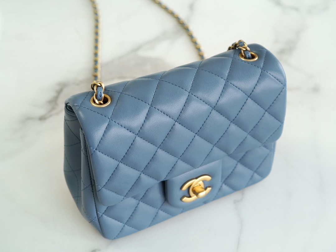 Chanel 23K Metal Ball Square Boy Bag, Haze Blue, Lambskin  