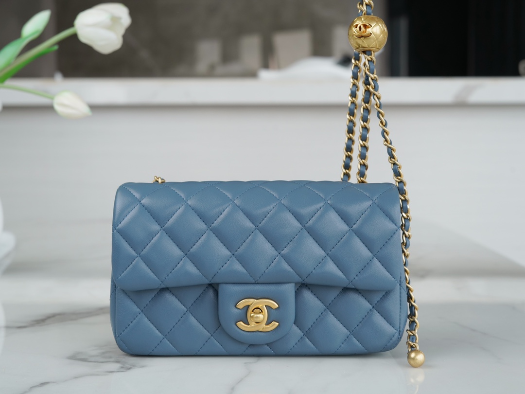 Chanel 23K Metal Ball Mini Square Boy Bag, Haze Blue, Gold Metal  