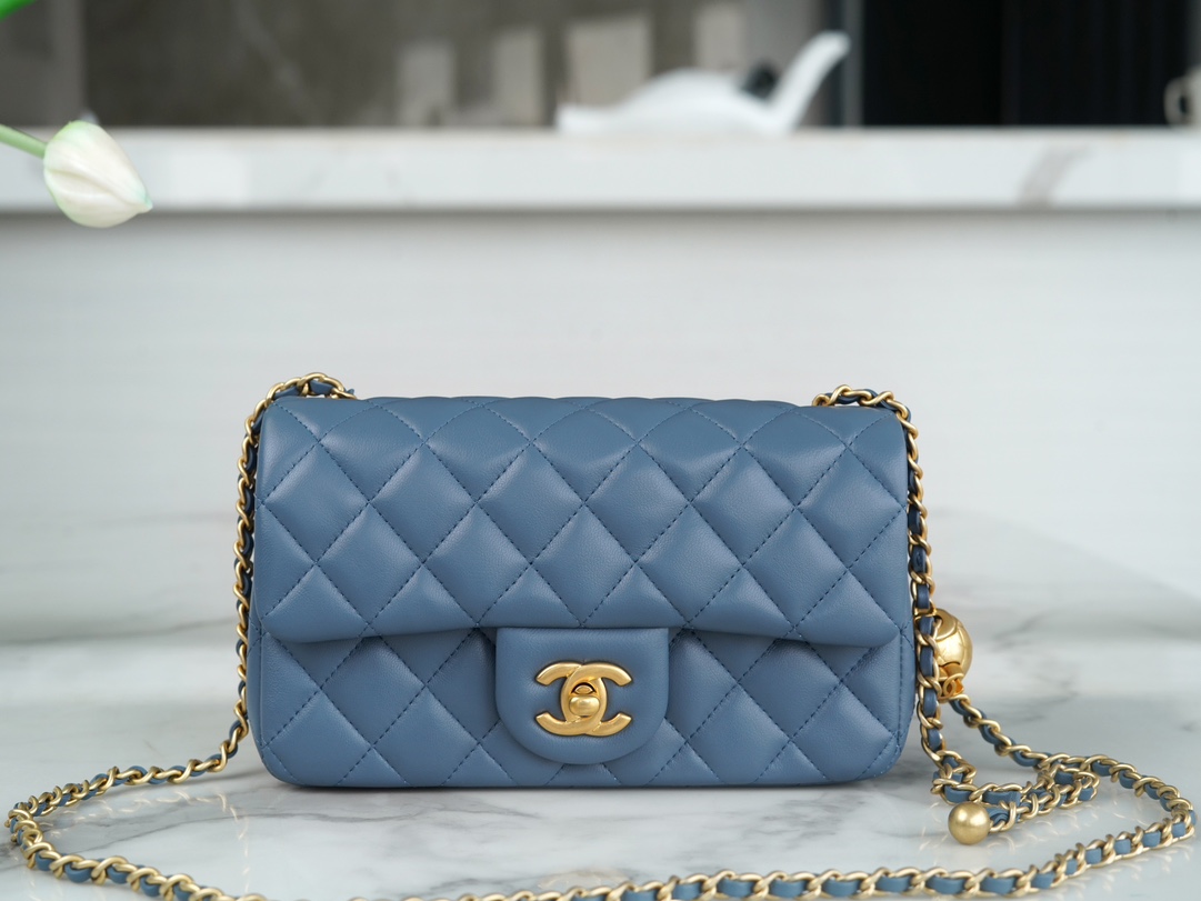 Chanel 23K Metal Ball Mini Square Boy Bag, Haze Blue, Gold Metal  