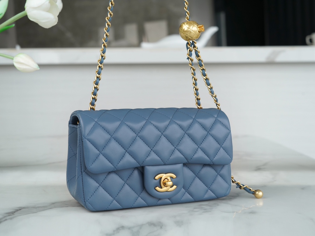 Chanel 23K Metal Ball Mini Square Boy Bag, Haze Blue, Gold Metal  