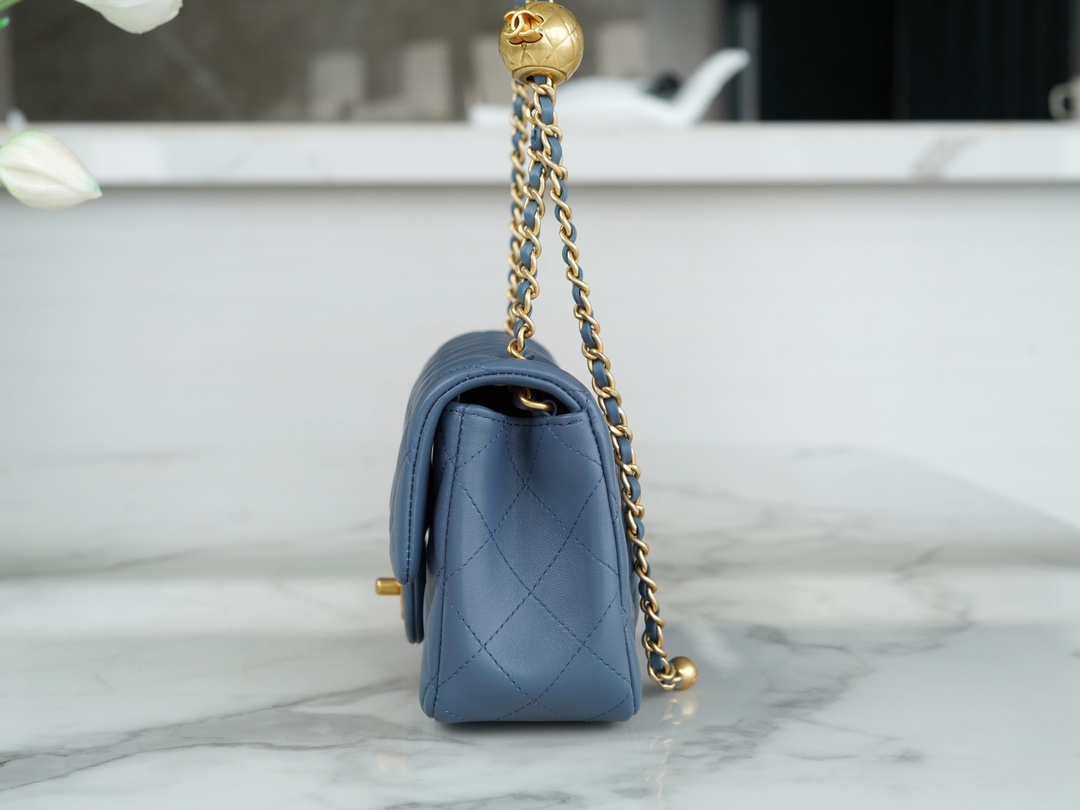 Chanel 23K Metal Ball Mini Square Boy Bag, Haze Blue, Gold Metal  