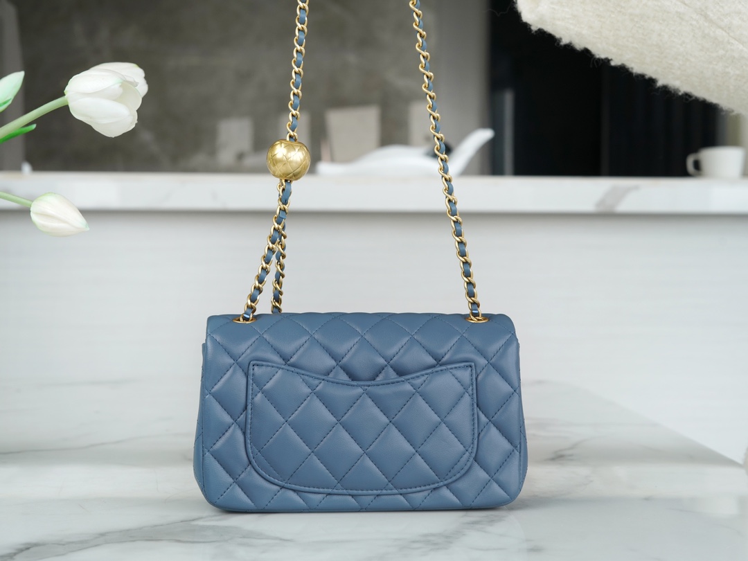 Chanel 23K Metal Ball Mini Square Boy Bag, Haze Blue, Gold Metal  