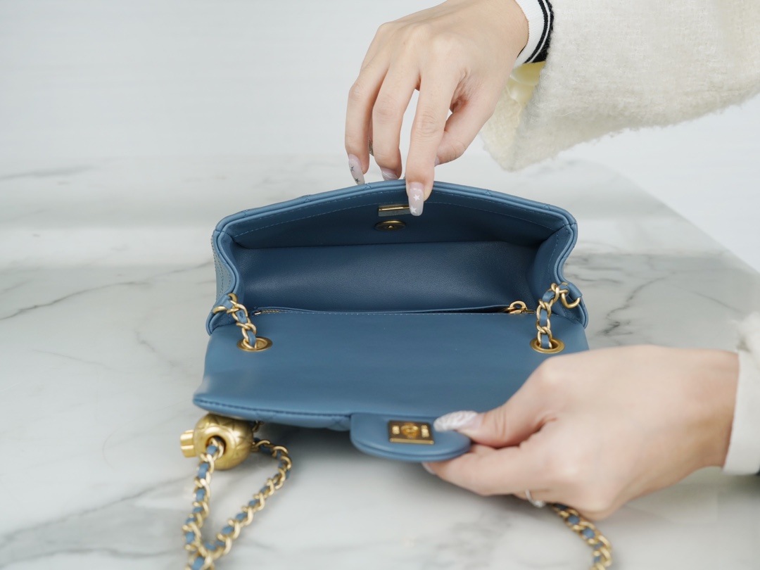 Chanel 23K Metal Ball Mini Square Boy Bag, Haze Blue, Gold Metal  