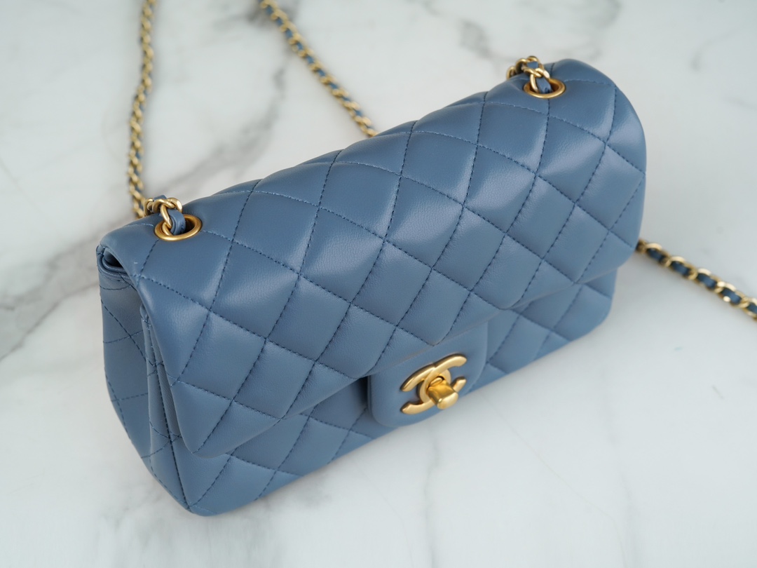 Chanel 23K Metal Ball Mini Square Boy Bag, Haze Blue, Gold Metal  