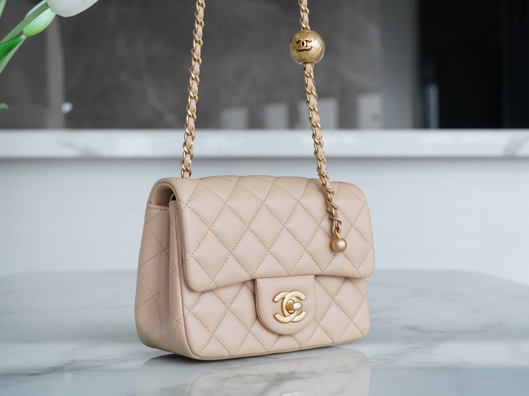 Chanel 23K Metal Ball Square Boy Bag, Apricot, Gold Metal  