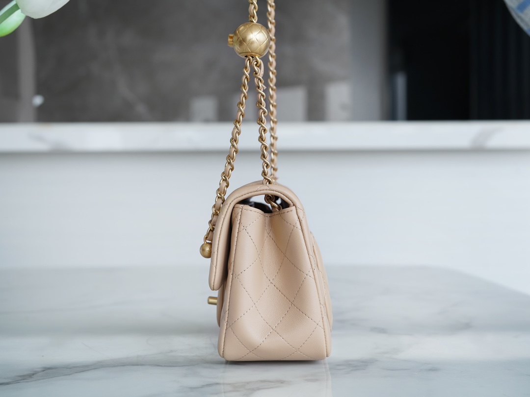 Chanel 23K Metal Ball Square Boy Bag, Apricot, Gold Metal  