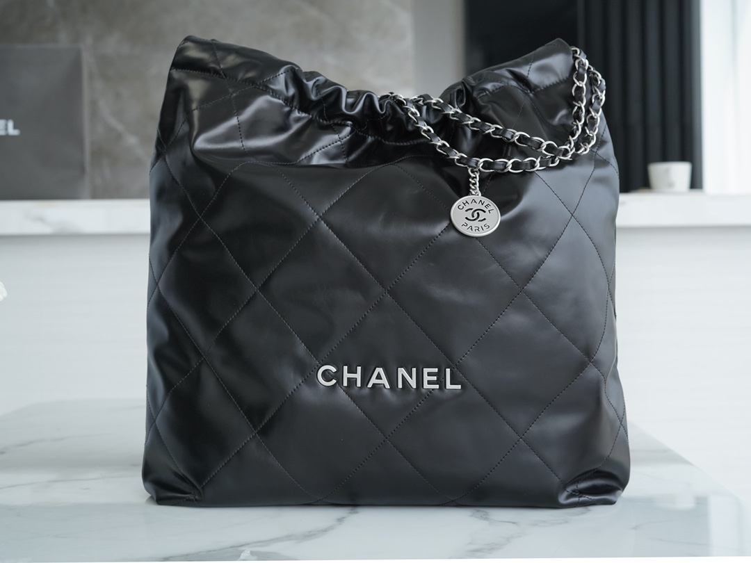 Chanel 22P Spring/Summer New 22 Bag, Black with Silver Hardware, Large Size  