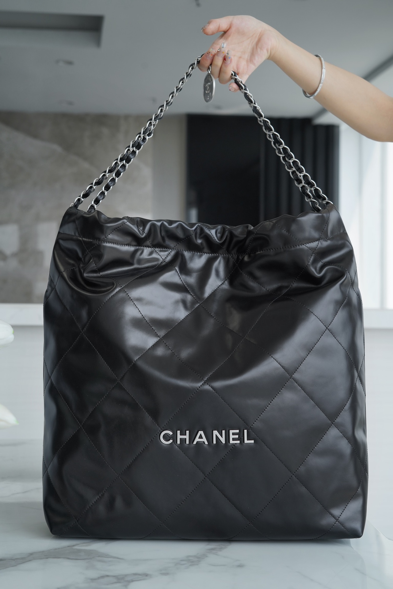 Chanel 22P Spring/Summer New 22 Bag, Black with Silver Hardware, Large Size  