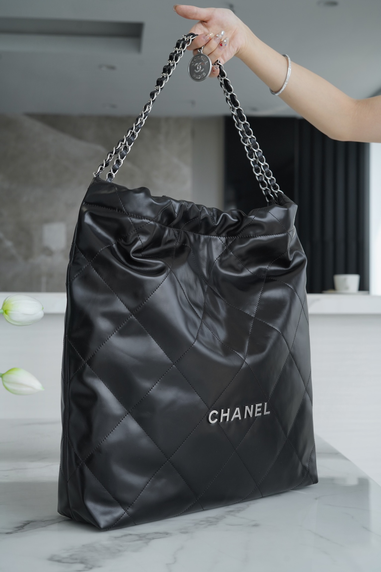 Chanel 22P Spring/Summer New 22 Bag, Black with Silver Hardware, Large Size  