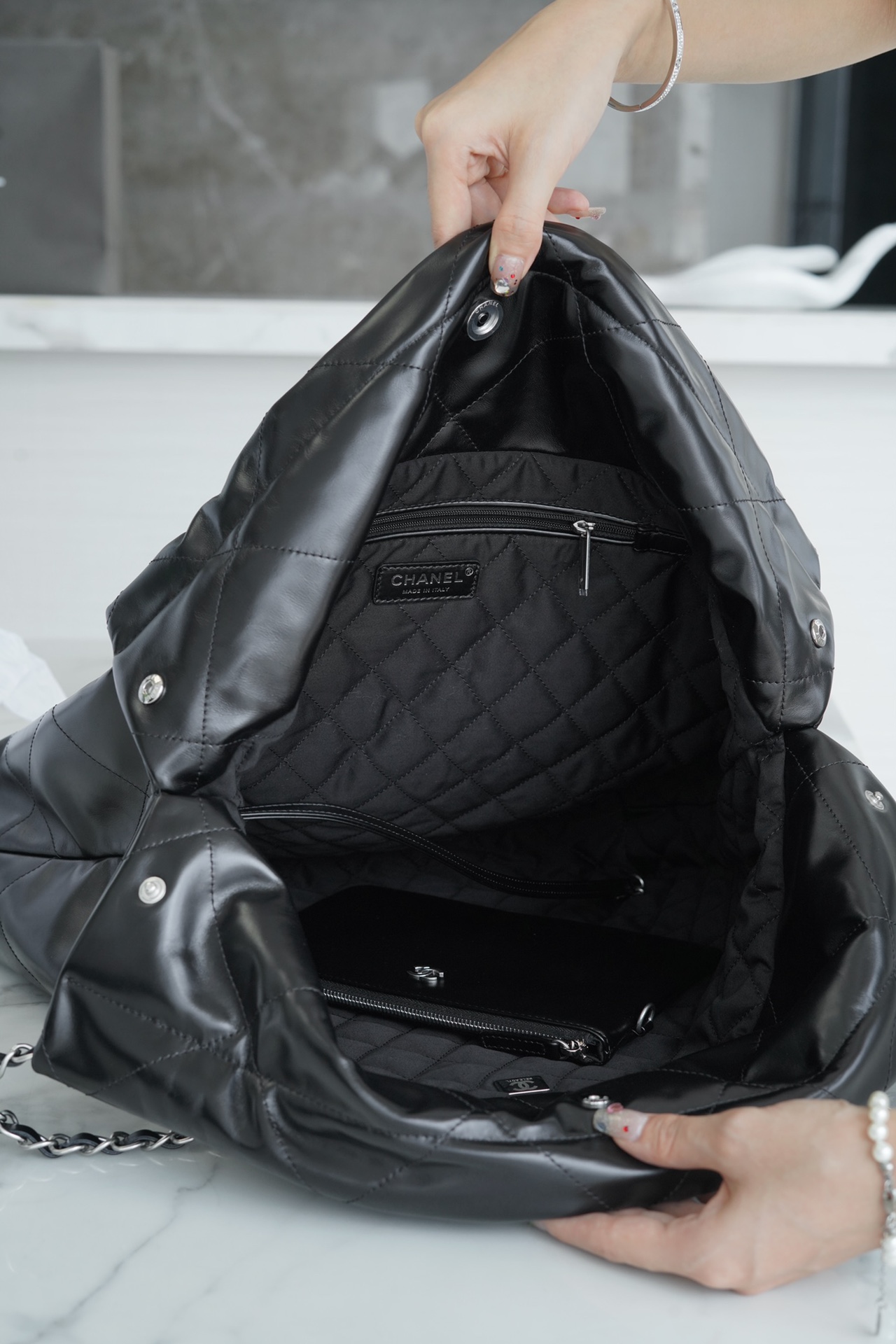 Chanel 22P Spring/Summer New 22 Bag, Black with Silver Hardware, Large Size  