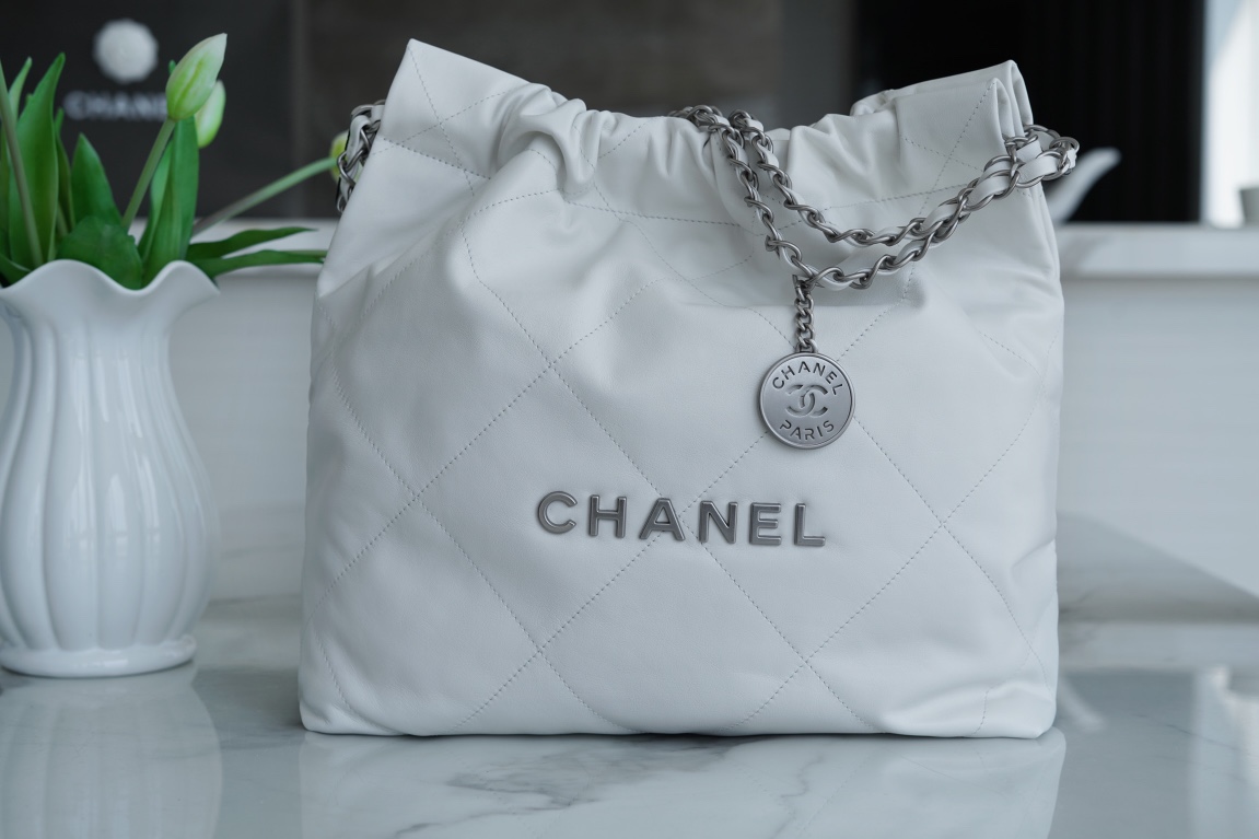 Chanel 22P Bag, White with Silver Hardware, Small Size  