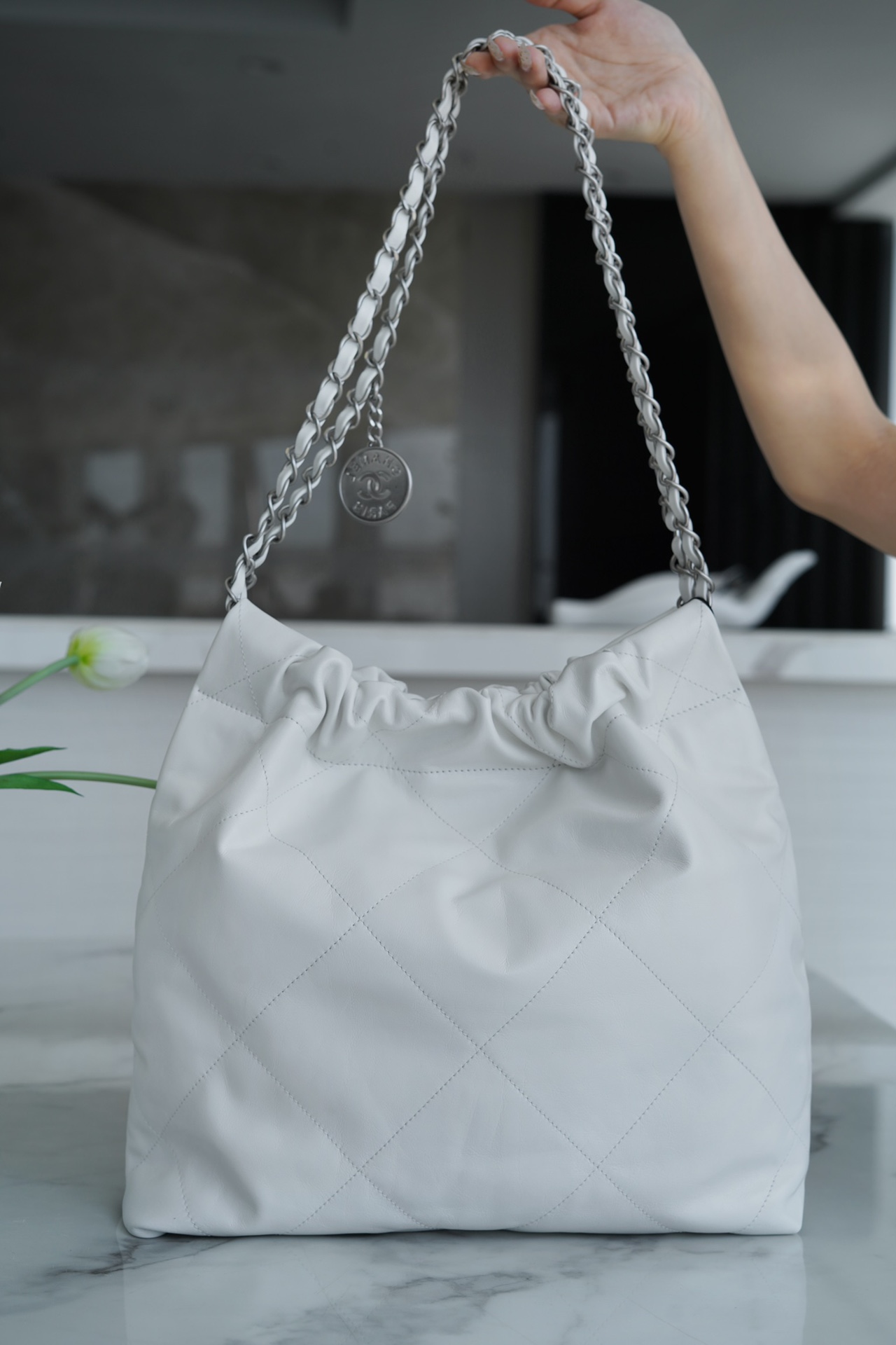 Chanel 22P Bag, White with Silver Hardware, Small Size  