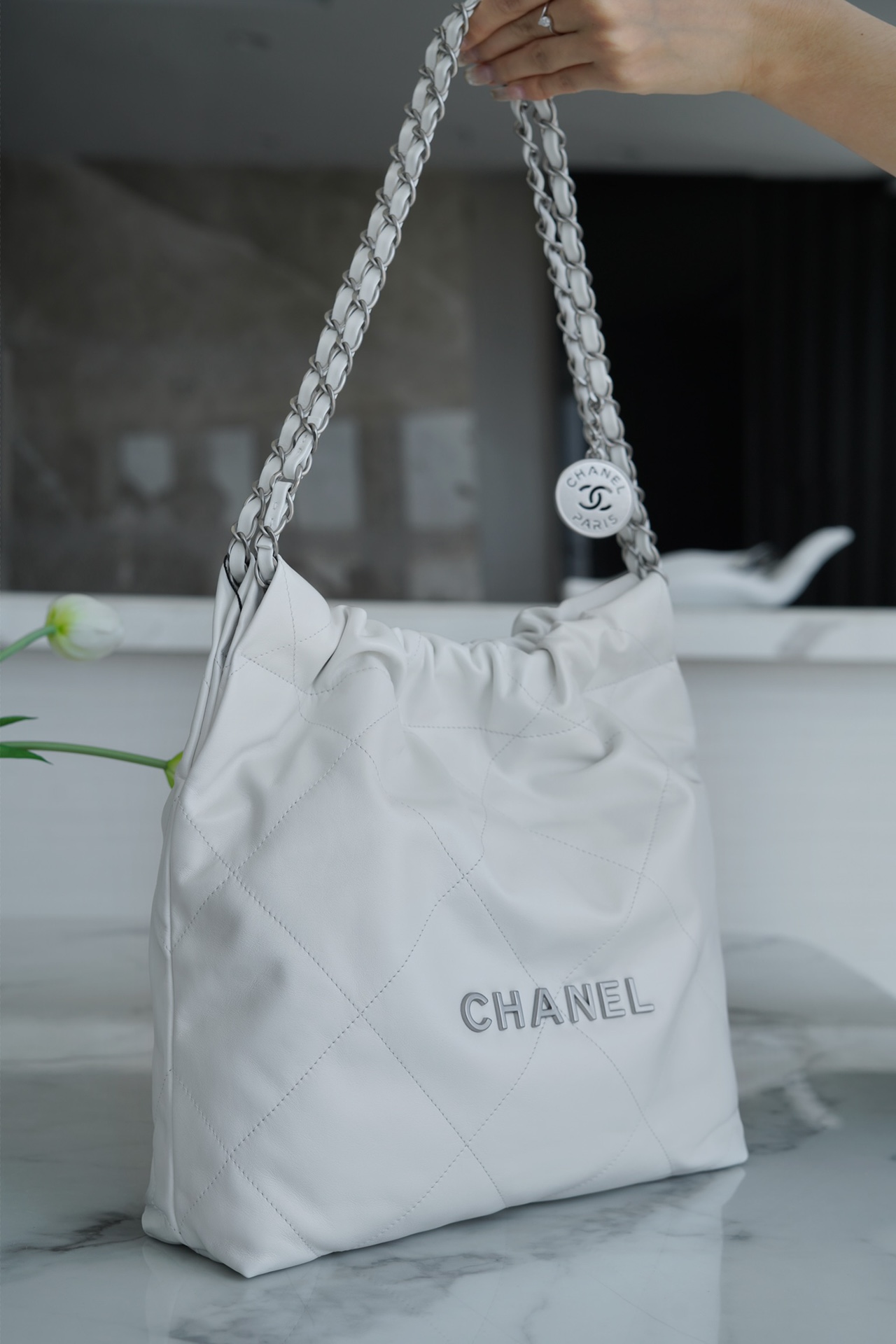 Chanel 22P Bag, White with Silver Hardware, Small Size  